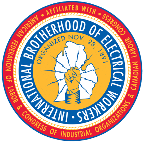 Emblem of the International Brotherhood of Electrical Workers, featuring a raised fist and map, with text denoting its affiliation and organization date, surrounded by a red and blue border.