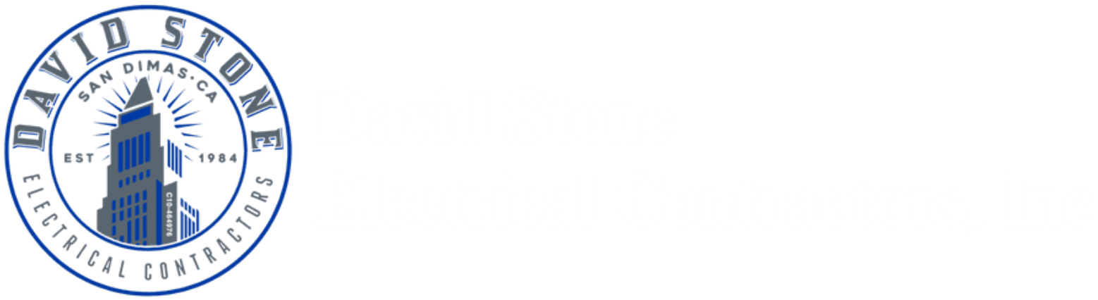 Untitled design (1) Logo for "David Stone Electrical Contractors, LLC" featuring a blue circular emblem with a building and rays, plus bold white text on a black background.