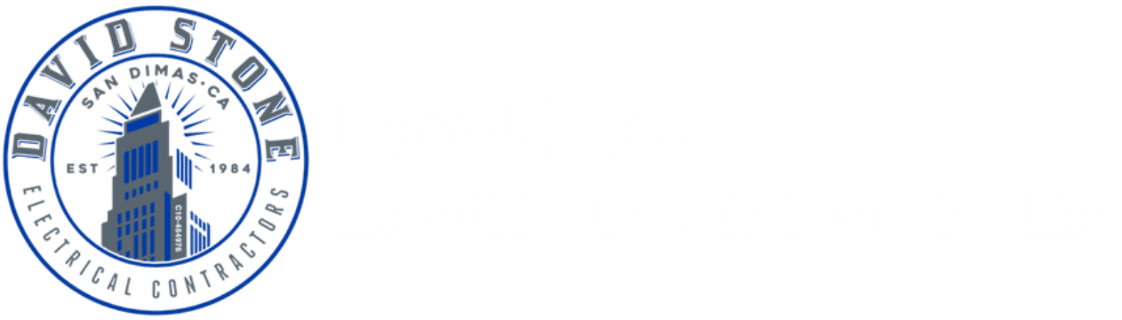 Untitled design (31) Logo for David Stone Electrical Contractors, Inc. featuring a blue circular emblem with a city building and radiating lines. The company name appears in white text to the right.